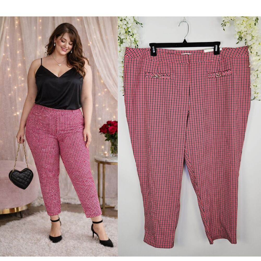 New Cato Plus Size 28W Hi-Rise Slim Pants Pink Red Houndstooth Plaid Valentine